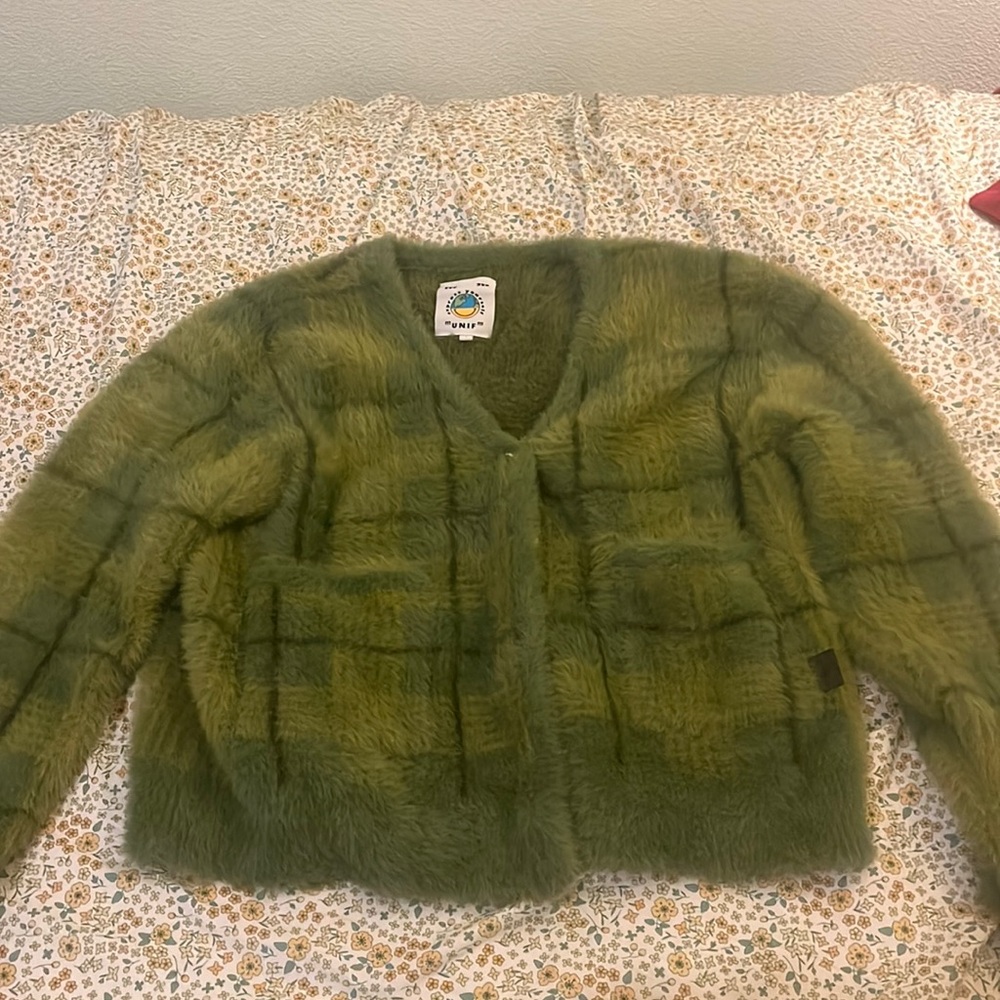 UNIF Green Fuzzy Plaid Cardigan Sweater